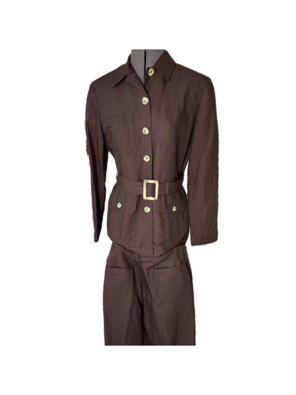 Virtue Women’s Linen Suit Size 4 Utility Belted Blazer High Waisted Pants Brown